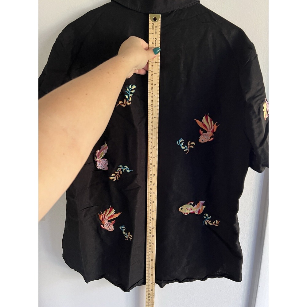Sarah Spencer Black Linen Blouse Women's 16 Embroidered Artsy Goldfish Colorful - Picture 7 of 16